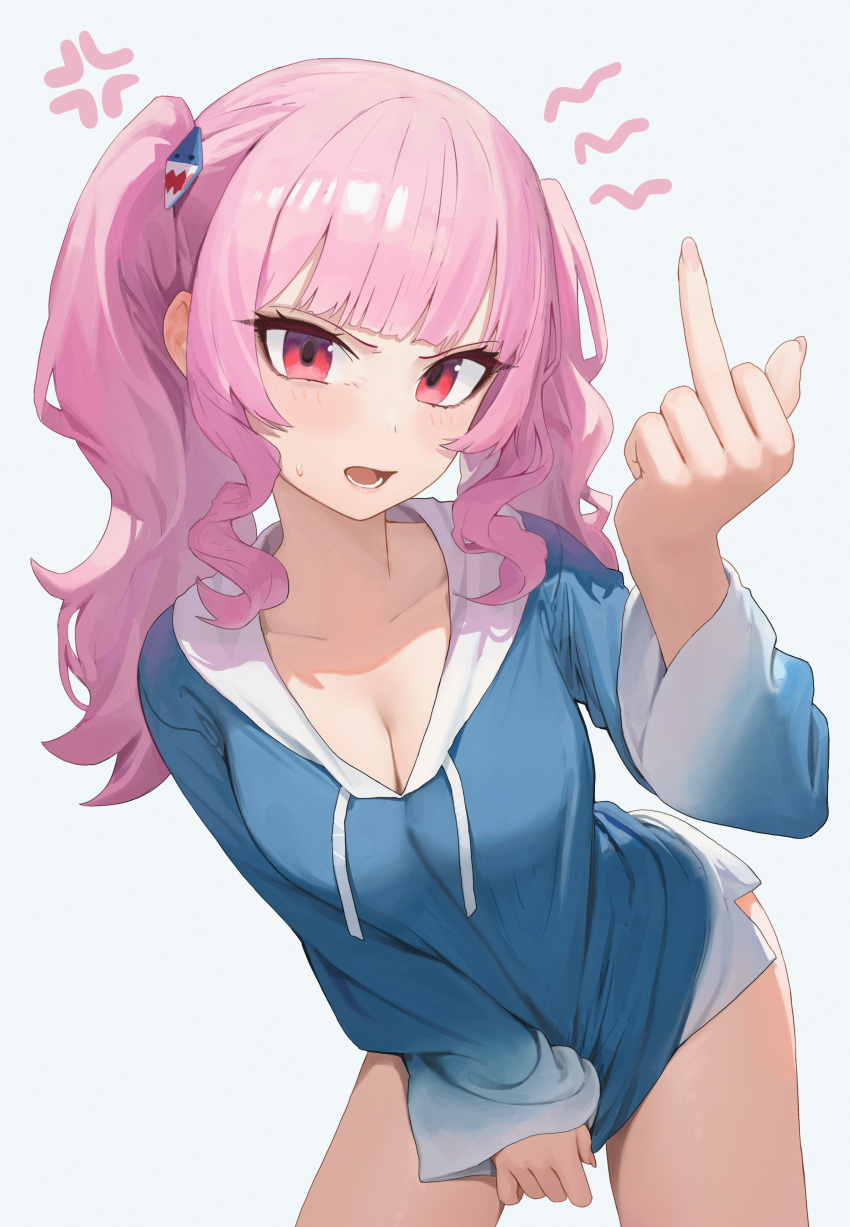 1girl absurdres bangs blue_hoodie breasts cleavage cosplay gawr_gura gawr_gura_(cosplay) hair_ornament highres hololive hololive_english hood hoodie hoodie_tug leaning_forward long_hair long_sleeves looking_at_viewer medium_breasts middle_finger mori_calliope open_mouth pink_hair red_eyes ritae shark_hair_ornament simple_background solo twintails white_background