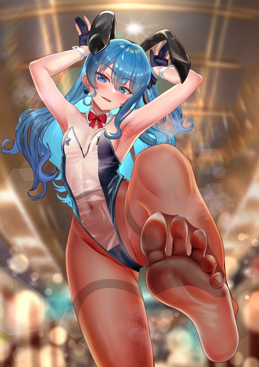 1girl absurdres animal_ears armpits bangs black_gloves black_leotard black_pantyhose blue_eyes blue_hair bow bowtie breasts colored_inner_hair covered_nipples detached_collar fake_animal_ears gloves hair_between_eyes highleg highleg_leotard highres hololive hoshimachi_suisei jagoo leotard medium_hair multicolored_hair navel one_side_up open_mouth pantyhose partially_fingerless_gloves playboy_bunny rabbit_ears red_bow red_bowtie see-through see-through_leotard small_breasts solo star_(symbol) star_in_eye star_sticker strapless strapless_leotard symbol_in_eye virtual_youtuber wrist_cuffs