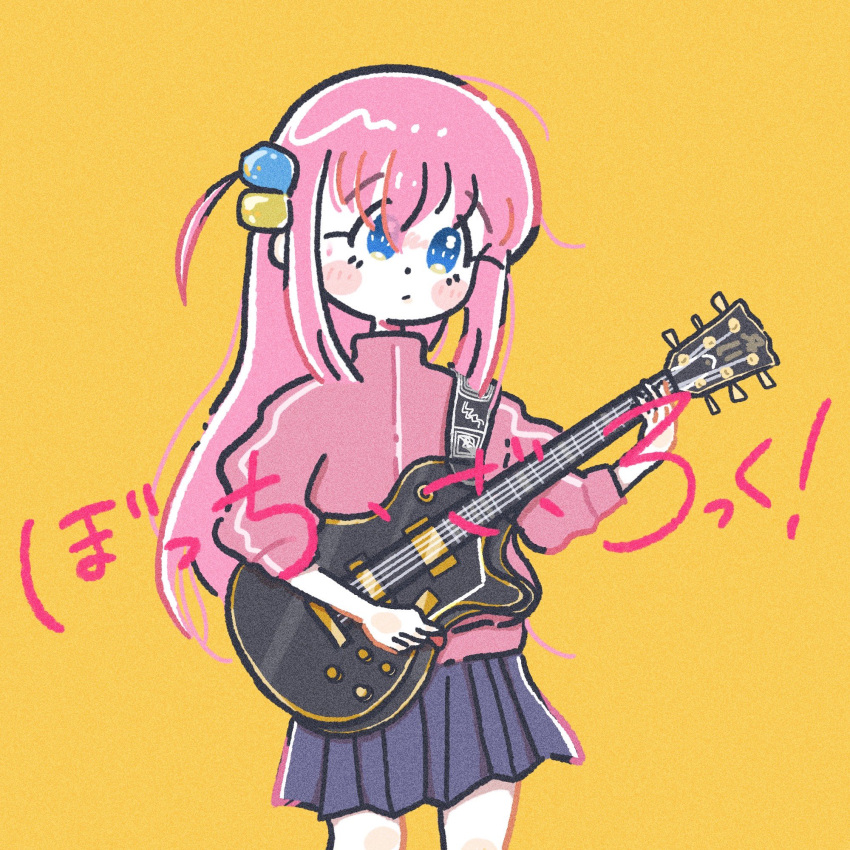 1girl bangs blue_eyes bocchi_the_rock! closed_mouth copyright_name cube_hair_ornament electric_guitar gibson_les_paul gotou_hitori grey_skirt guitar hair_between_eyes hair_ornament highres holding holding_instrument instrument jacket long_hair long_sleeves momoyo_tounyu one_side_up pink_hair pink_jacket pleated_skirt school_uniform skirt solo standing track_jacket yellow_background