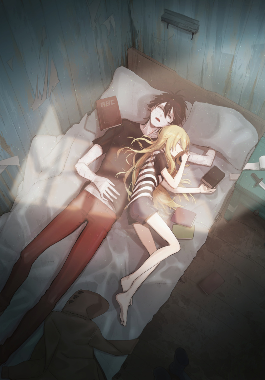 1boy 1girl bandaged_arm bandaged_head bandages bare_arms bare_legs bed bedroom black_hair black_shirt blonde_hair can25orp coat coat_removed couple dark-skinned_male dark_skin from_above full_body grey_shorts height_difference hetero highres indoors isaac_foster long_hair lying on_back on_bed on_side pants pillow rachel_gardner red_pants satsuriku_no_tenshi shiny_hair shirt short_hair short_shorts short_sleeves shorts soles straight_hair striped striped_shirt t-shirt wooden_floor