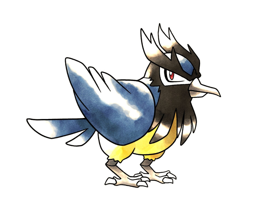 1other animal_focus ashley_nichols beak bird closed_mouth commentary english_commentary full_body highres looking_at_viewer no_humans parody pokemon pokemon_(creature) red_eyes retro_artstyle rookidee simple_background solo standing style_parody sugimori_ken_(style) white_background wings