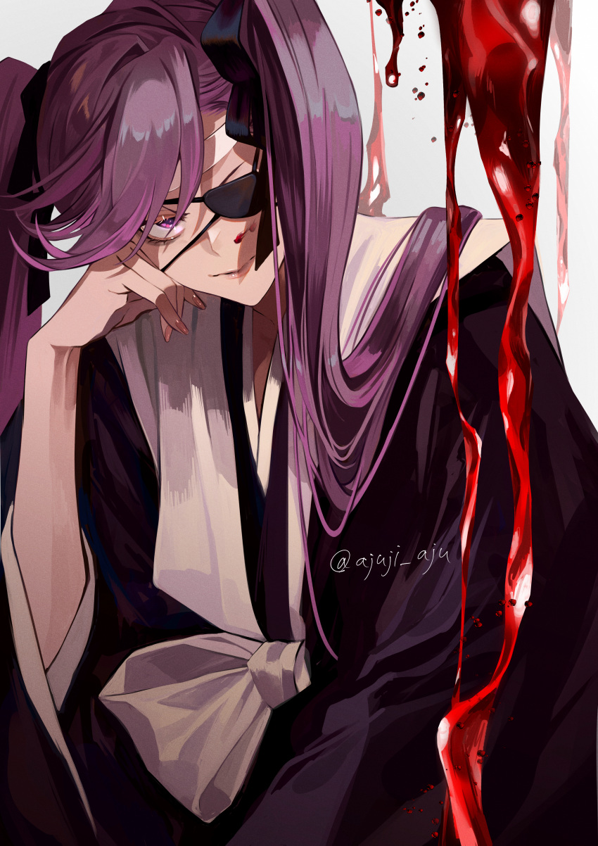 1girl absurdres ajuji_aju bangs black_bow bleach bleach:_the_thousand-year_blood_war blood blood_on_face bow closed_mouth eyepatch hair_between_eyes hair_bow haori head_on_hand highres holding japanese_clothes jewelry long_hair long_sleeves looking_at_viewer multiple_hair_bows pink_nails purple_eyes purple_hair saitou_furoufushi simple_background smile twintails twitter_username very_long_hair wide_sleeves