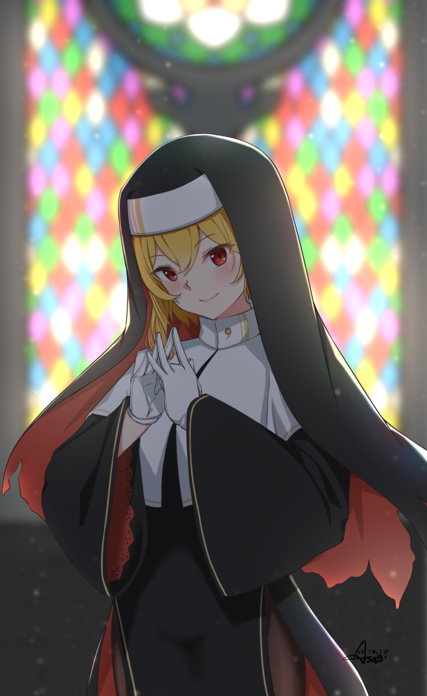 1girl as4gi bangs black_dress black_headwear blonde_hair closed_mouth dated dress gloves hair_between_eyes highres hololive hololive_indonesia indoors kaela_kovalskia long_hair long_sleeves nun red_eyes signature smile solo stained_glass standing virtual_youtuber white_gloves wide_sleeves