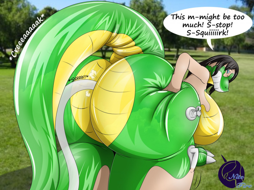 animate_inanimate anthro big_breasts big_butt breasts butt butt_grab butt_squish crocodile crocodilian crocodylid dialogue female hand_on_butt hose_in_butt huge_butt human inflatable latex_transformation living_inflatable looking_back mammal nitefire onomatopoeia reptile rubber scalie smile solo sound_effects squish text