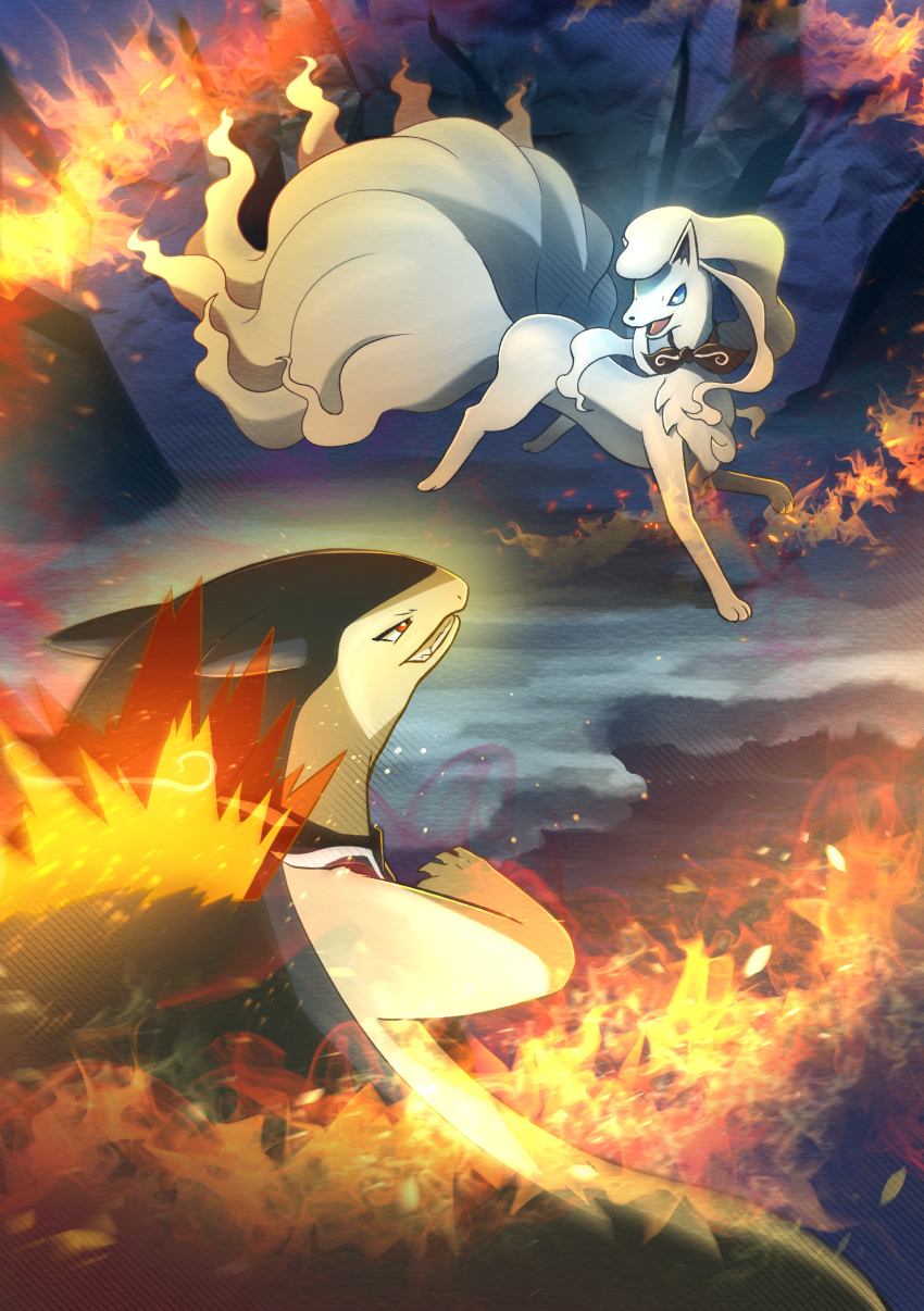 3_toes absurd_res alolan_form alolan_ninetales battle black_scarf blue_body blue_ears blue_eyes blue_fur colored digital_media_(artwork) digital_painting_(artwork) duo elemental_manipulation eye_contact feet female_(lore) feral fire fire_manipulation fur fur_tuft generation_2_pokemon glistening glistening_eyes hakkentai_pkdn hi_res looking_at_another male_(lore) multi_tail nintendo on_hind_legs open_mouth paws pmd:_discovery_team_of_stars_and_souls pokemon pokemon_(species) pokemon_mystery_dungeon prick_ears quadruped red_eyes regional_form_(pokemon) scarf shadow snow tail tan_body tan_fur teeth toes tongue tuft typhlosion