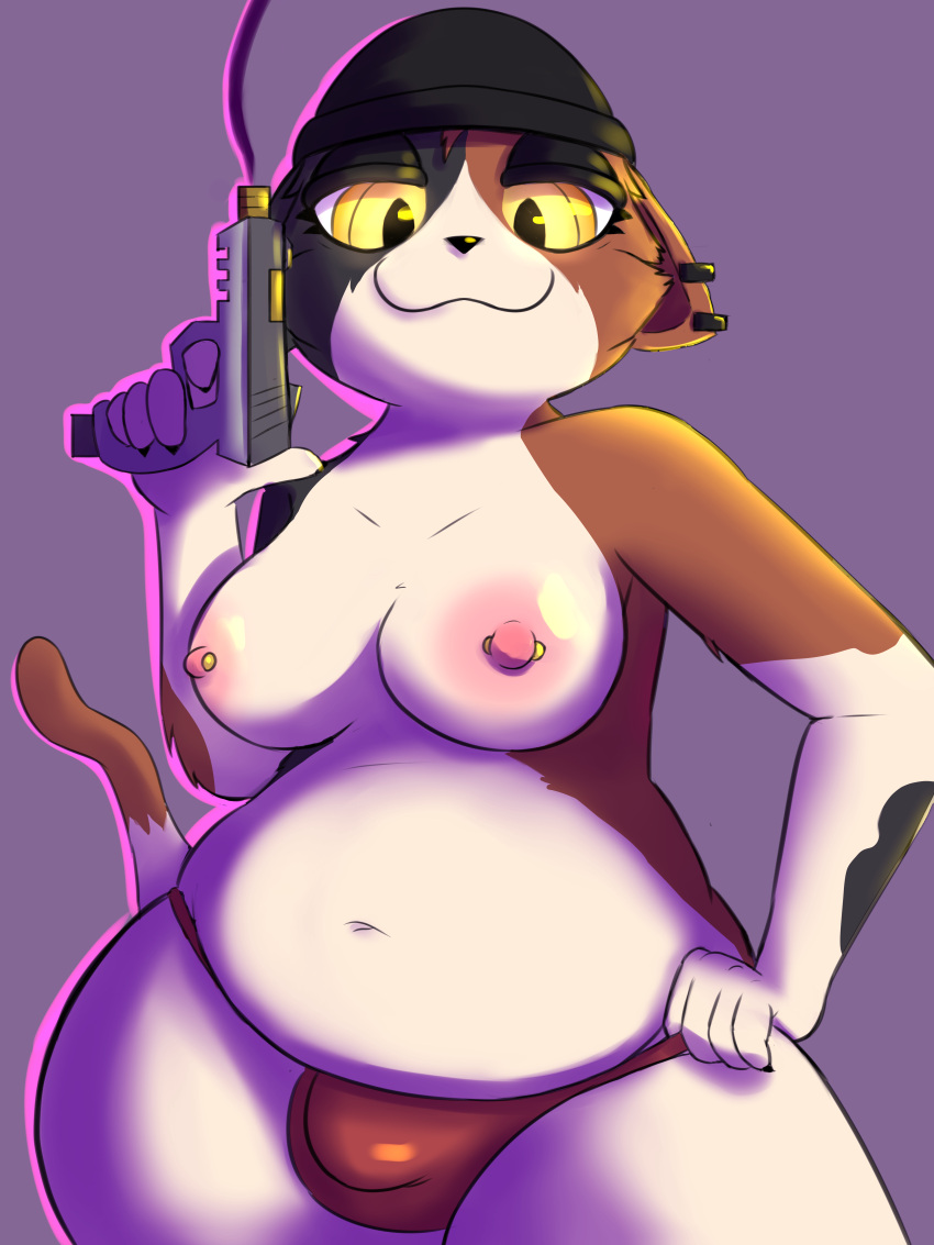 absurd_res beanie bulge calico_cat clothed clothing domestic_cat epic_games felid feline felis female fortnite gun hat headgear headwear hi_res mammal meow_skulls_(fortnite) mostly_nude mottled panties panties_only piebald piercing ranged_weapon simple_background slightly_chubby solo tail topless trans_(lore) underwear underwear_only weapon