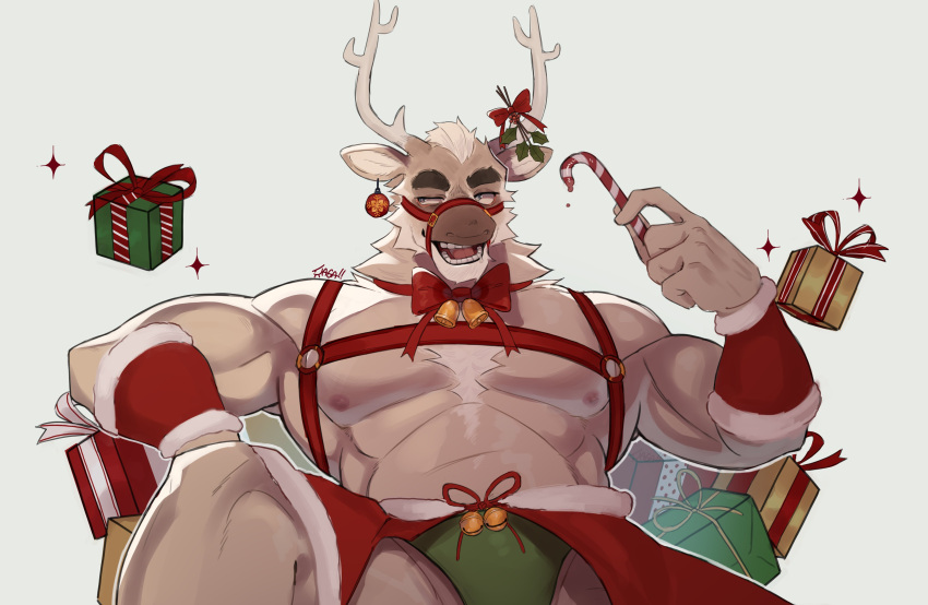 1boy abs absurdres animal_ears antlers bara biceps box briefs bulge candy candy_cane chest_harness christmas clothing_aside daga_(hexedcoin) deer_boy deer_ears food gift gift_box green_male_underwear harness highres large_hands large_pectorals looking_to_the_side male_focus male_underwear male_underwear_peek mature_male mistletoe muscular muscular_male nipples original pectorals pelvic_curtain pelvic_curtain_aside reindeer_antlers seductive_smile short_hair smile solo sparkle thick_eyebrows triceps underwear