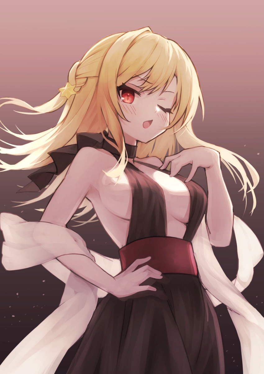 1girl bangs black_dress blonde_hair blush breasts center_opening character_request commentary cowboy_shot dress eyelashes hair_ornament halter_dress halterneck hand_on_hip hand_on_own_chest hand_up highres large_breasts long_hair looking_at_viewer mist_train_girls one_eye_closed open_mouth red_eyes shawl sideboob sidelocks sleeveless sleeveless_dress solo star_(symbol) star_hair_ornament tomisaka_yorui white_shawl