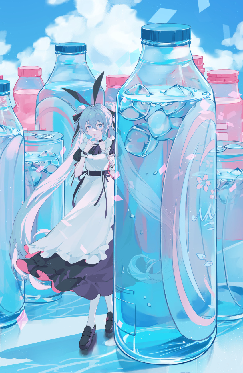 1girl 52hzwhzw absurdres alternate_costume animal_ears apron black_dress black_footwear black_ribbon blue_eyes blue_hair blue_nails bottle can closed_mouth cloud commentary dress eyebrows_hidden_by_hair fake_animal_ears fingernails full_body hair_between_eyes hair_ribbon hands_up hatsune_miku highres ice ice_cube long_hair looking_at_viewer maid_apron nail_polish rabbit_ears ribbon shoes sky smile soda solo standing twintails very_long_hair vocaloid white_apron wrist_cuffs