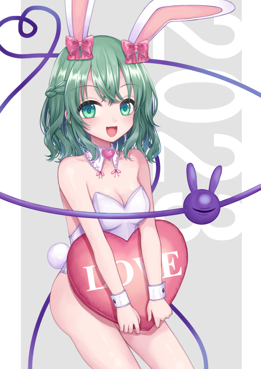 1girl 2023 :d absurdres animal_ears bare_shoulders blush bow braid breasts chinese_zodiac cleavage commentary_request detached_collar green_eyes grey_hair hair_between_eyes hair_bow heart heart_of_string heart_pillow highres holding holding_pillow kemonomimi_mode komeiji_koishi leotard medium_hair new_year one_eye_closed pillow pink_bow print_pillow rabbit_ears rabbit_tail rnkgmn small_breasts smile solo tail third_eye touhou v_arms white_leotard wrist_cuffs year_of_the_rabbit