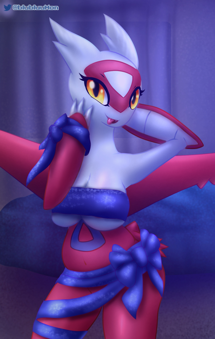 anthro bed bedroom belly blubluumon bow_ribbon breasts butt claws dragon fangs female furniture generation_3_pokemon hand_behind_head hi_res latias legendary_pokemon nintendo pokemon pokemon_(species) ribbons smile solo teeth tongue tongue_out wings