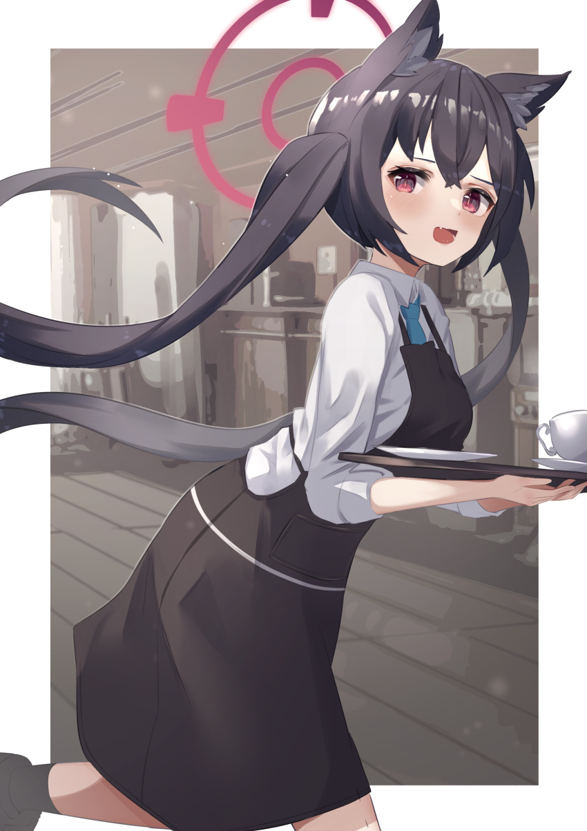 1girl absurdres alternate_costume animal_ear_fluff animal_ears apron bangs black_hair blue_archive blue_necktie blush cat_ears collared_shirt commentary_request e_buki fang feet_out_of_frame halo highres holding holding_tray indoors long_hair looking_at_viewer looking_to_the_side necktie open_mouth red_eyes serika_(blue_archive) shirt smile solo tray twintails waitress