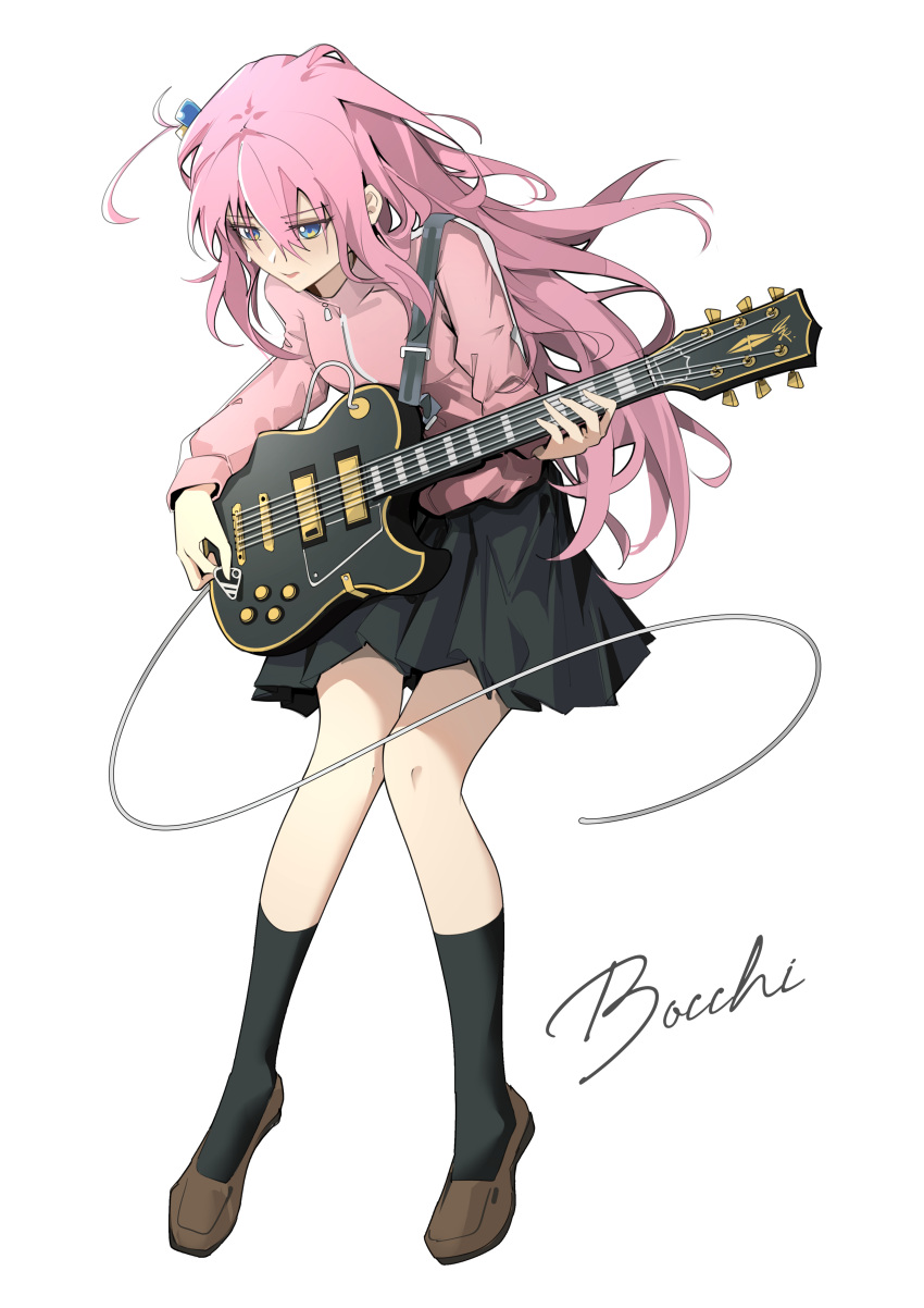 1girl absurdres bangs black_socks blue_eyes bocchi_the_rock! brown_footwear closed_mouth cube_hair_ornament electric_guitar full_body gibson_les_paul gotou_hitori guitar hair_between_eyes hair_ornament highres holding holding_instrument holding_plectrum instrument jacket khrnnfz loafers long_hair long_sleeves one_side_up pink_hair pink_jacket pink_lips pleated_skirt plectrum school_uniform shoes simple_background skirt socks solo track_jacket white_background