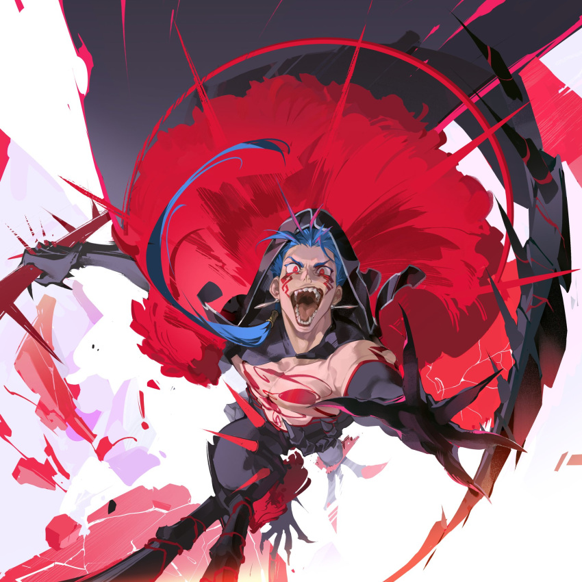 1boy black_gloves blue_hair cape claws crazy_eyes cu_chulainn_alter_(third_ascension)_(fate) earrings elbow_gloves facepaint facial_mark fate/grand_order fate_(series) fur gae_bolg_(fate) gloves highres holding holding_polearm holding_weapon hood hood_up jewelry long_hair open_mouth polearm red_eyes spear spikes tattoo teeth tobu_0w0 weapon