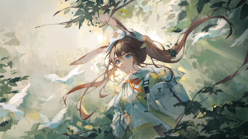 1girl absurdres amiya_(arknights) amiya_(planter)_(arknights) animal_ears arknights backpack bag bird blue_eyes blush branch brown_hair celina daisy ears_through_headwear flat_cap floating_hair flower green_jacket hair_between_eyes hat highres jacket layered_clothes leaf long_hair long_sleeves looking_at_viewer official_alternate_costume open_clothes open_jacket parted_lips ponytail rabbit_ears rabbit_girl shirt solo upper_body white_bag white_bird white_flower white_headwear white_jacket white_shirt