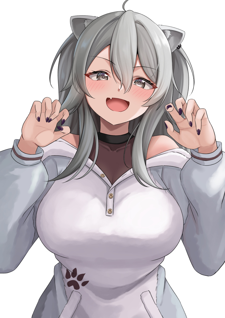 1girl 9696k absurdres ahoge animal_ears bangs bare_shoulders black_nails blush breasts claw_pose ear_piercing fang grey_eyes grey_hair hair_between_eyes highres hololive hood hoodie large_breasts lion_ears lion_girl long_hair looking_at_viewer nail_polish off_shoulder open_mouth piercing shishiro_botan skin_fang smile solo virtual_youtuber white_background white_hoodie