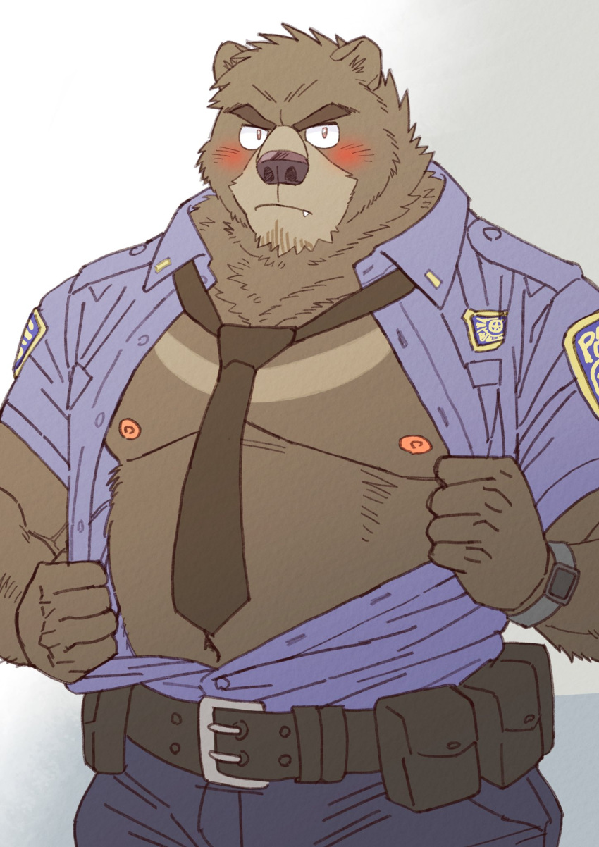 2023 anthro bear belly blush bottomwear clothing cute_fangs hi_res humanoid_hands kemono male mammal moobs navel necktie nipples pants ryuta-h shirt simple_background slightly_chubby solo topwear