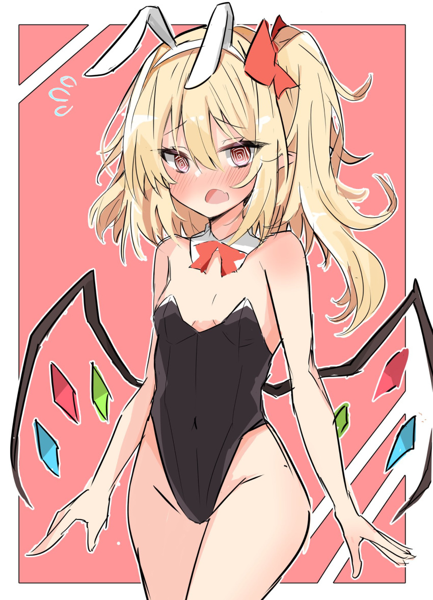 1girl @_@ animal_ears bangs black_leotard blonde_hair blush breasts cleavage covered_navel crystal detached_collar flandre_scarlet flying_sweatdrops groin highres leotard looking_at_viewer medium_hair nono54558 one_side_up open_mouth playboy_bunny pointy_ears rabbit_ears red_background red_eyes small_breasts solo touhou upper_body wings