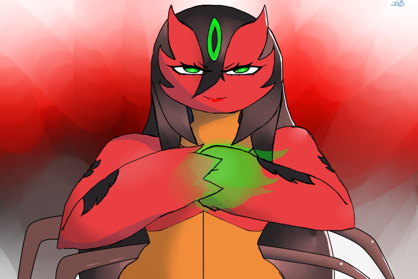 2022 3_fingers black_hair cracking_knuckles female fingers fusion gardevoir generation_3_pokemon gradient_background green_eyes green_flames hair hi_res humanoid looking_at_viewer markings multicolored_body muscular muscular_female nintendo not_furry pokemon pokemon_(species) pokemon_fusion red_body renv signature simple_background solo two_tone_body