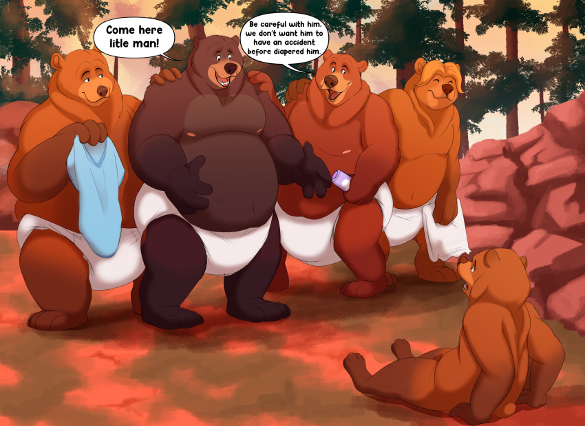 absurd_res anthro baltnwolf_(artist) bear belly big_belly brown_body brown_fur dialogue diaper fur group hi_res male mammal overweight overweight_male