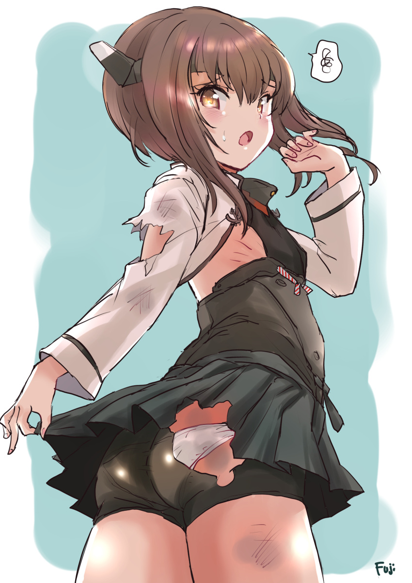 1girl ass bike_shorts brown_eyes brown_hair commentary_request corset cowboy_shot crossbow flat_chest from_behind fuji_(pixiv24804665) grey_shirt headband headgear highres kantai_collection looking_at_viewer panties shirt shorts shorts_under_skirt solo spoken_squiggle squiggle taihou_(kancolle) torn_clothes underwear white_panties