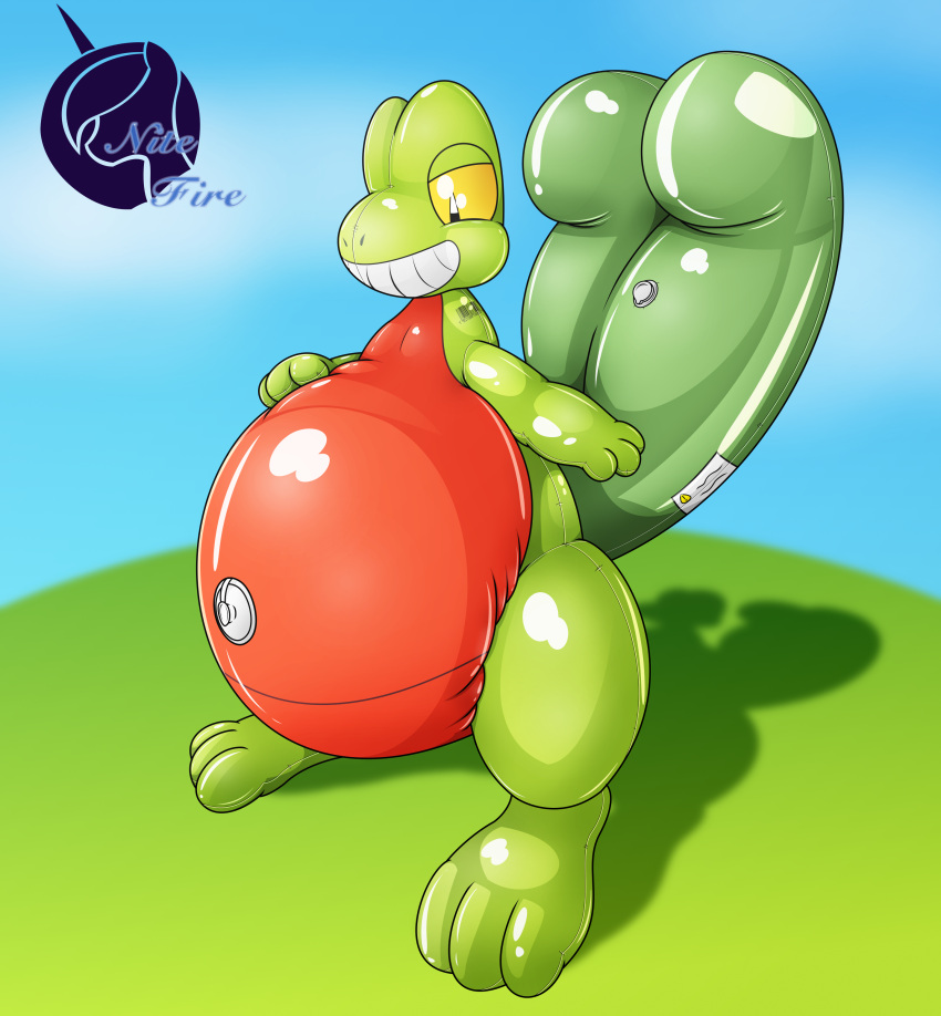 absurd_res ambiguous_gender animate_inanimate anthro barcode belly big_belly generation_3_pokemon hi_res inflatable living_inflatable nintendo nitefire pokemon pokemon_(species) smile solo treecko