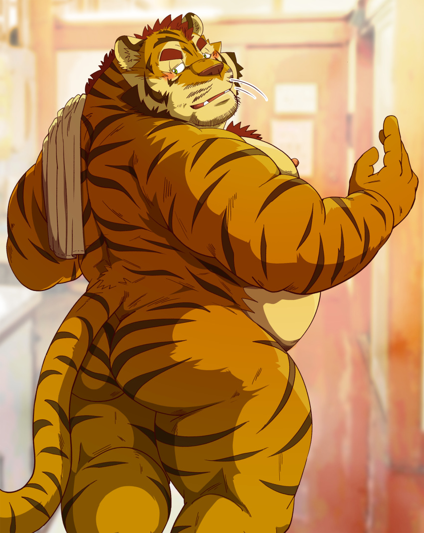 2023 anthro belly blush butt felid hi_res kemono male mammal moobs nipples overweight overweight_male pantherine raichoclub solo tiger towel towel_on_shoulder