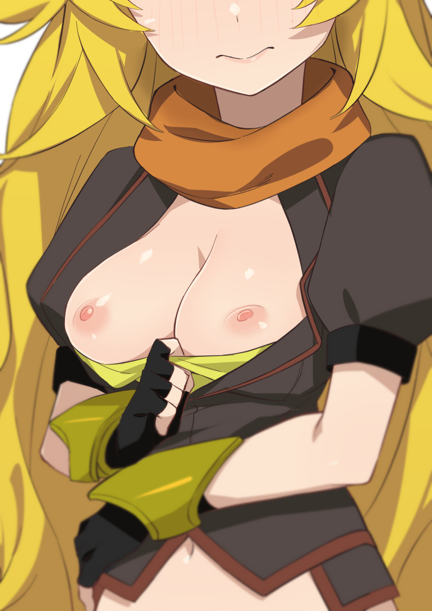 black_gloves blonde_hair blush breasts breasts_out closed_mouth fingerless_gloves gloves head_out_of_frame highres long_hair looking_at_viewer medium_breasts morisobo navel nipples pulled_by_self rwby simple_background white_background yang_xiao_long