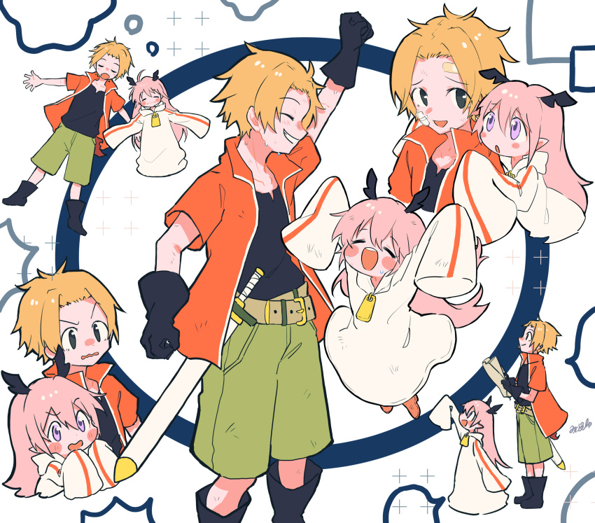 1boy 1girl absurdres alba_(senyuu) black_eyes black_shirt blush brown_hair dreaming green_shorts highres jacket long_hair long_sleeves looking_at_another looking_to_the_side orange_jacket pink_hair pointy_ears purple_eyes ruki_(senyuu) sen'yuu. shirt shorts sword syukonbu weapon