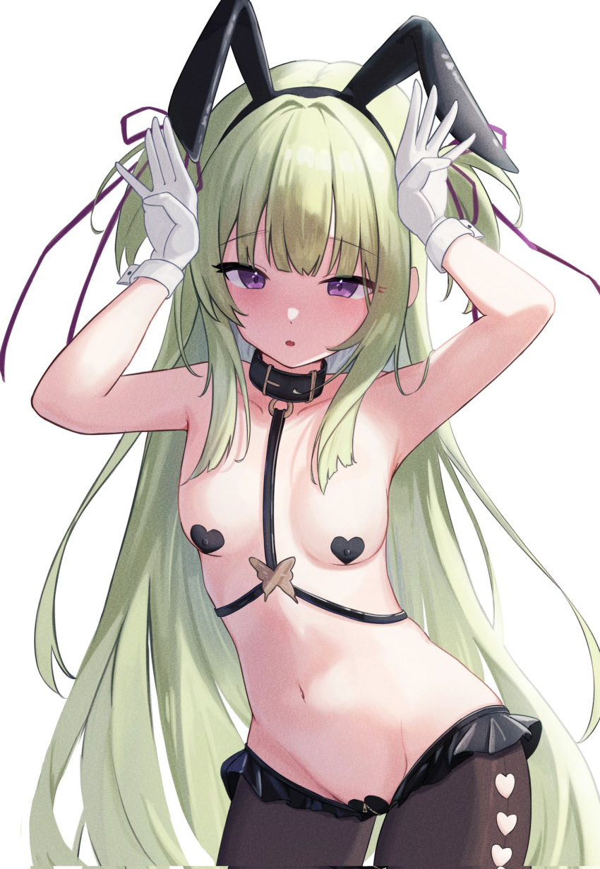 1girl animal_collar animal_ears arms_up aroused bangs black_hairband black_pantyhose blunt_bangs blush breasts bunny_pose butterfly_ornament clothing_cutout collar covered_nipples fake_animal_ears frilled_pantyhose furrowed_brow gloves green_hair groin hair_ribbon hairband half-closed_eyes heart_cutout heart_pasties highres hime_cut long_hair looking_at_viewer midriff murasame_(senren) navel no_bra no_panties o-ring_belt open_mouth pantyhose pasties purple_eyes purple_ribbon rabbit_ears ribbon senren_banka sidelocks simple_background small_breasts solo standing straight_hair thigh_cutout two_side_up up_(osk50217) very_long_hair white_background white_gloves zipper