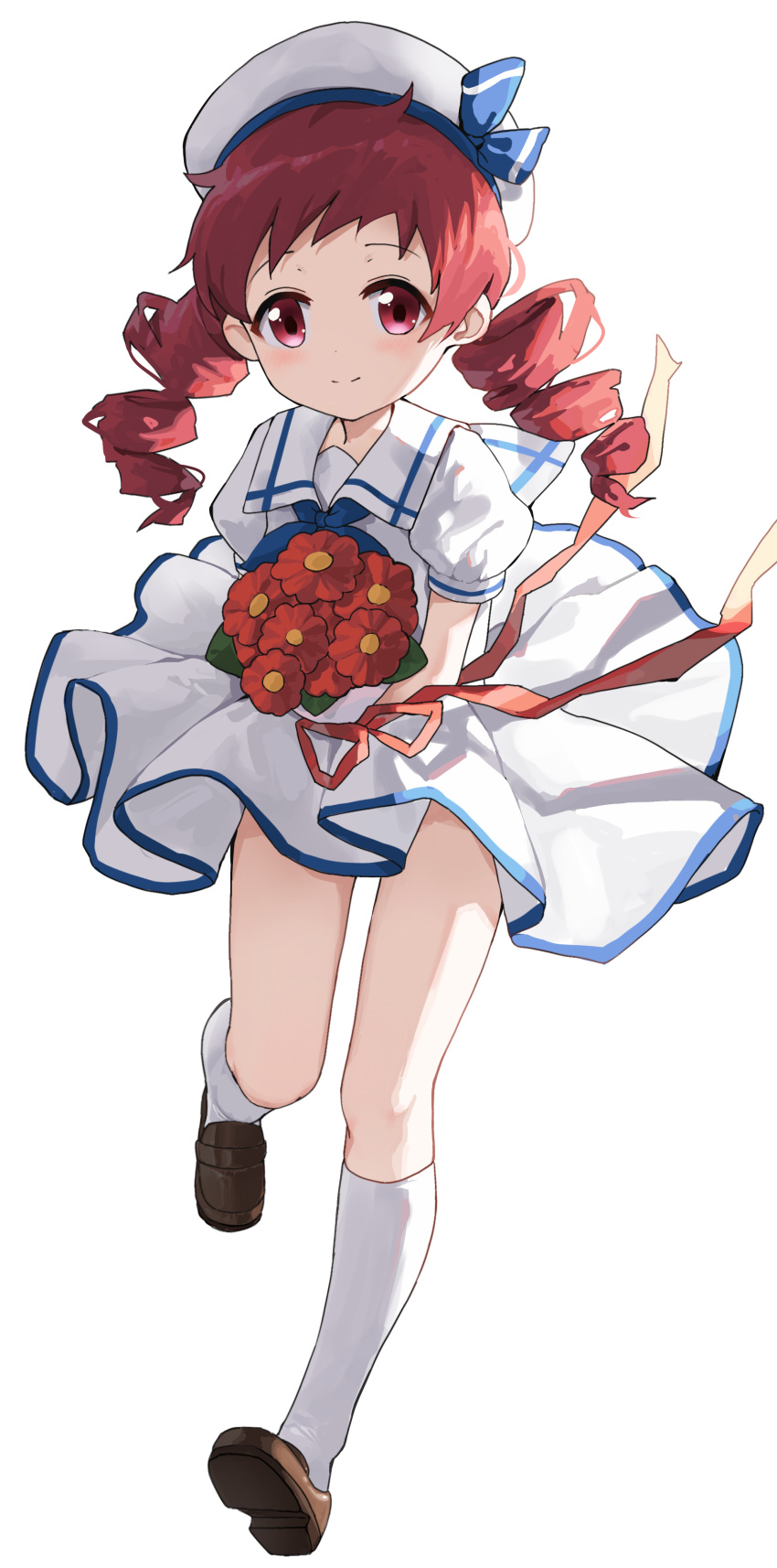 1girl absurdres blue_bow bouquet bow brown_footwear closed_mouth collared_dress dress drill_hair floating_hair flower full_body gochuumon_wa_usagi_desu_ka? hat hat_bow highres holding holding_bouquet kafuu_chino's_school_uniform leg_up loafers long_hair natsu_megumi pleated_dress red_eyes red_flower red_hair red_ribbon ribbon running school_uniform sentter shoes short_dress short_sleeves simple_background smile socks solo twin_drills twintails white_background white_dress white_headwear white_socks wing_collar
