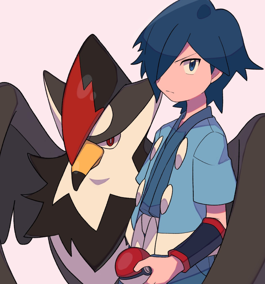 1boy bangs bird black_wristband blue_eyes blue_hair blue_jacket blue_kimono commentary_request falkner_(pokemon) hair_over_one_eye haori highres holding holding_poke_ball jacket japanese_clothes kimono looking_at_viewer male_focus open_clothes open_jacket poke_ball poke_ball_(basic) pokemon pokemon_(creature) pokemon_(game) pokemon_hgss sash short_hair short_sleeves staraptor tyako_089 wristband