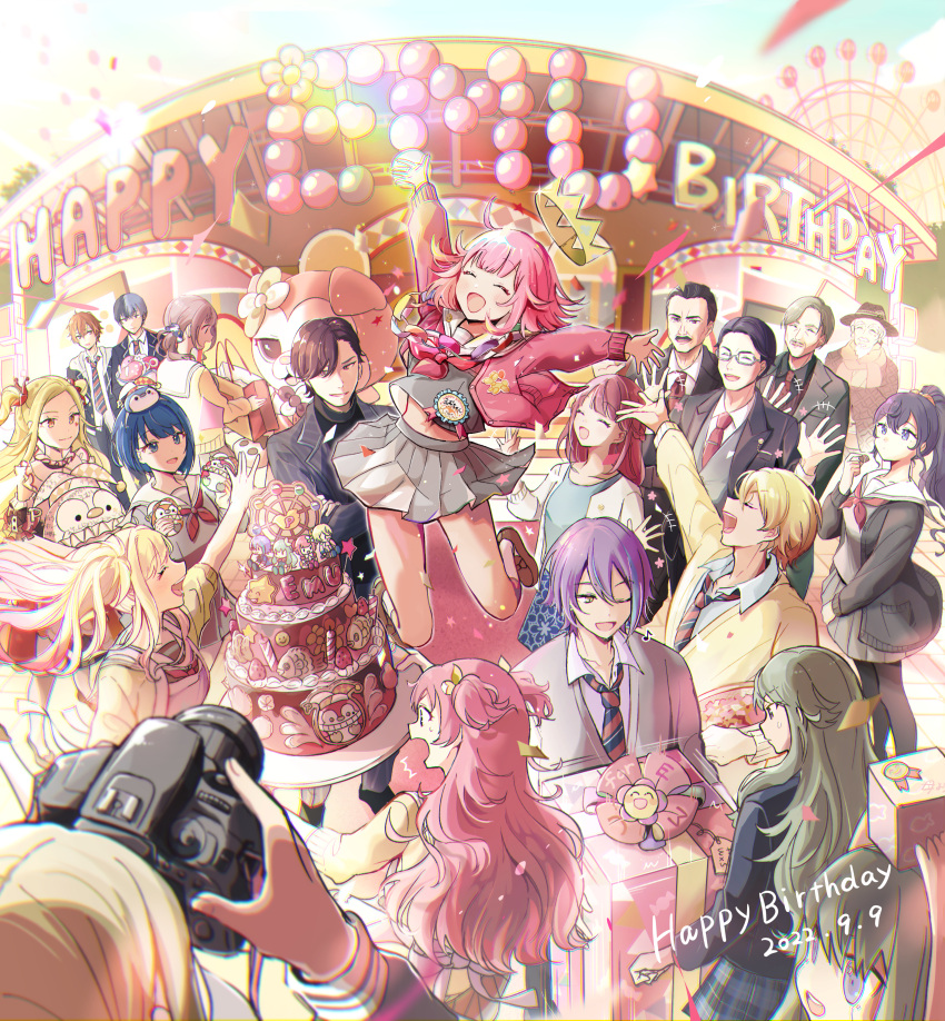 6+boys 6+girls absurdres aoyagi_touya asahina_mafuyu azusawa_kohane bag balloon bangs bird birthday birthday_cake black_hair blazer blonde_hair blue_eyes blue_hair blue_jacket brown_hair cake camera cardigan closed_eyes closed_mouth crown dark_blue_hair diagonal-striped_necktie facial_hair food formal glasses gradient_hair green_hair grey_cardigan hair_between_eyes happy_birthday highres holding holding_bag holding_camera jacket jean_riley_(project_sekai) jumping kamishiro_rui kamiyama_high_school_uniform_(project_sekai) kigurumi-san_(project_sekai) kiritani_haruka kneehighs kusanagi_nene long_hair long_sleeves miyamasuzaka_girls'_academy_school_uniform mochizuki_honami momoi_airi momomo_(m0_3) multicolored_hair multiple_boys multiple_girls mustache neck_ribbon necktie nenerobo one_eye_closed ootori_emu ootori_hinata ootori_keisuke_(project_sekai) ootori_kounosuke_(project_sekai) ootori_shousuke open_mouth orange_hair pantyhose penguin pink_cardigan pink_hair project_sekai purple_eyes purple_hair red_necktie red_ribbon ribbon school_uniform seiryuuin_sakurako shinonome_akito short_hair short_sleeves side_ponytail skirt smile socks streaked_hair striped_necktie stuffed_animal stuffed_toy suit tenma_saki tenma_tsukasa twintails wavy_hair white_socks wonderlands_x_showtime_(project_sekai) yellow_cardigan yellow_eyes