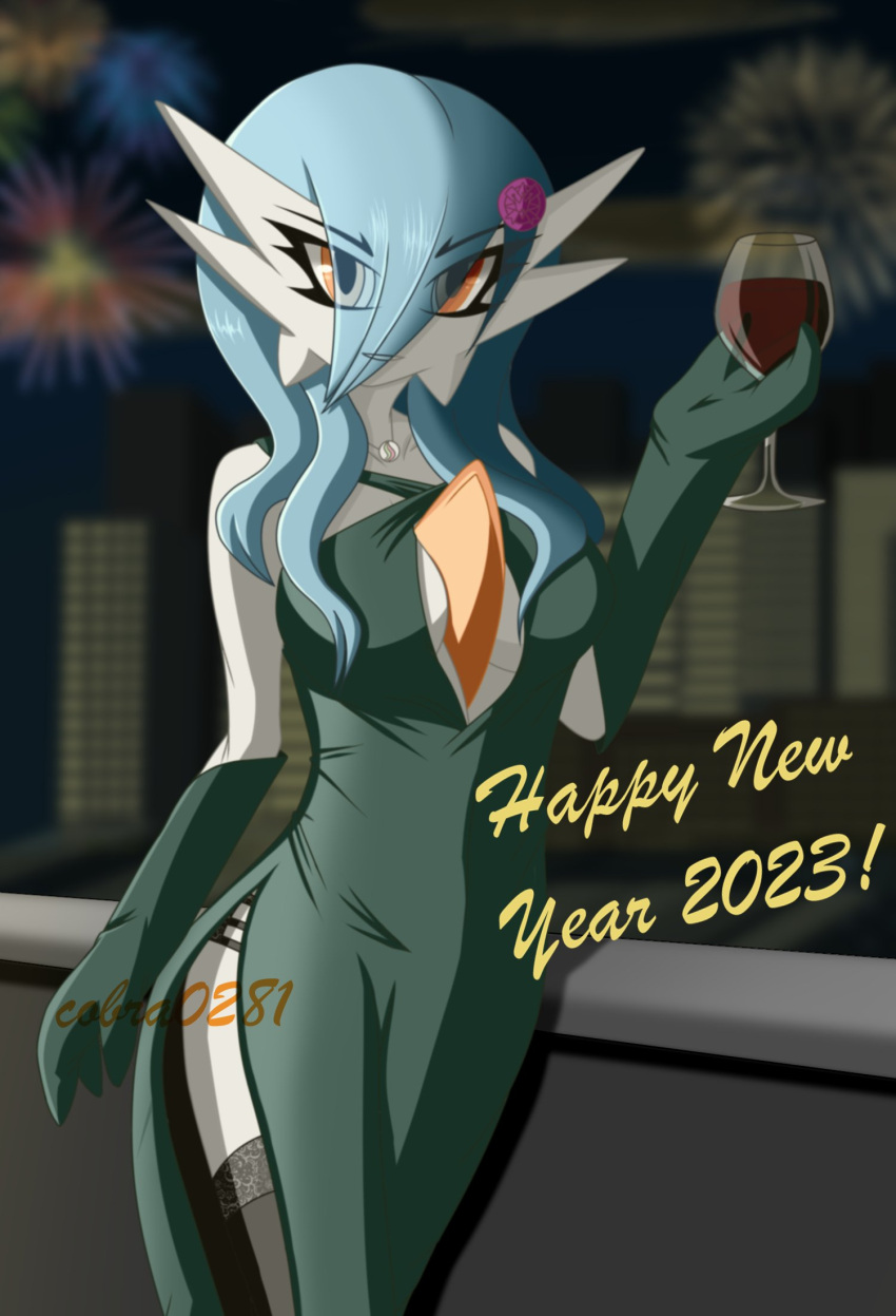 2023 3_fingers accessory alyx_(cobra0281) blue_hair breasts city cityscape cobra0281 container cup drinking_glass elegant_dress eye_through_hair female fingers fireworks flower flower_in_hair gardevoir generation_3_pokemon glass glass_container glass_cup glass_of_wine hair hair_accessory hair_over_eye hi_res holding_glass holding_object holidays humanoid looking_at_viewer medium_breasts medium_hair new_year night nintendo not_furry one_eye_obstructed orange_eyes plant pokemon pokemon_(species) shiny_pokemon signature skyscraper smile solo toasting translucent translucent_hair wine_glass