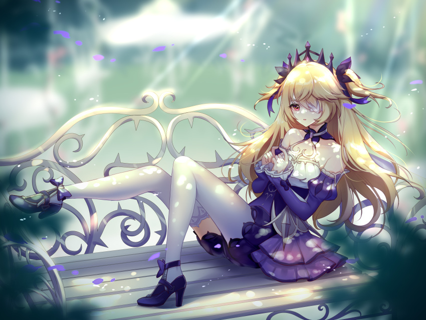 1girl absurdres asymmetrical_legwear bench black_bow black_tiara blonde_hair bow commentary_request detached_collar detached_sleeves dress eyepatch fischl_(ein_immernachtstraum)_(genshin_impact) fischl_(genshin_impact) genshin_impact hair_bow high_heels highres juliet_sleeves long_hair long_sleeves looking_at_viewer official_alternate_costume pantyhose parted_lips puffy_sleeves purple_dress purple_footwear purple_shorts red_eyes shorts shorts_under_dress sitting solo thighhighs two_side_up white_pantyhose white_thighhighs zx961219