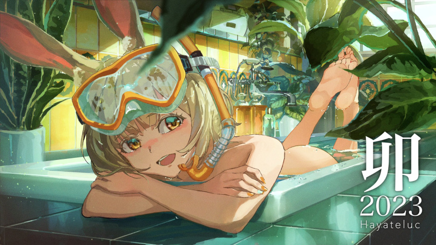 1girl animal_ears ass barefoot bath blonde_hair diving_mask goggles hayateluc highres nail_polish nude orange_eyes orange_nails original plant procreate_(medium) rabbit_ears soles solo