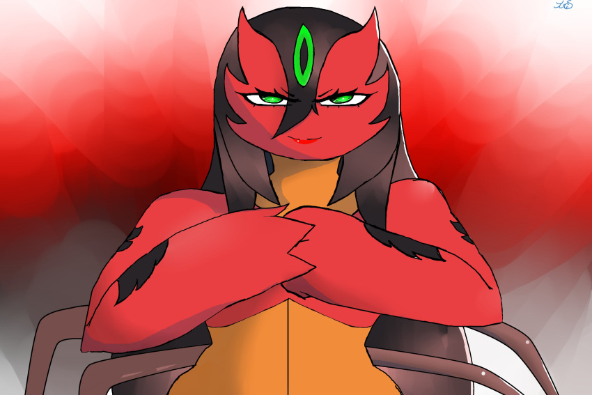 2022 3_fingers black_hair cracking_knuckles female fingers fusion gardevoir generation_3_pokemon gradient_background green_eyes hair hi_res humanoid looking_at_viewer markings multicolored_body muscular muscular_female nintendo not_furry pokemon pokemon_(species) pokemon_fusion red_body renv signature simple_background solo two_tone_body
