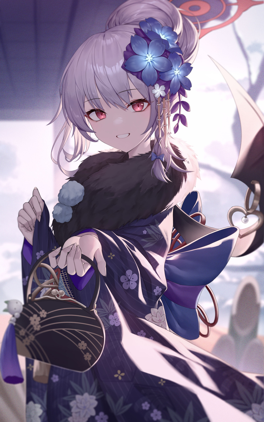 1girl absurdres bag bangs bat_wings black_kimono black_wings blue_archive blue_flower blurry blurry_background commentary_request depth_of_field floral_print flower fur_collar grey_hair hair_bun hair_flower hair_ornament halo haruna_(blue_archive) highres holding holding_bag japanese_clothes kimono long_sleeves pinching_sleeves print_kimono red_eyes roi_(liu_tian) sleeves_past_wrists smile solo striped striped_kimono vertical-striped_kimono vertical_stripes wide_sleeves wings