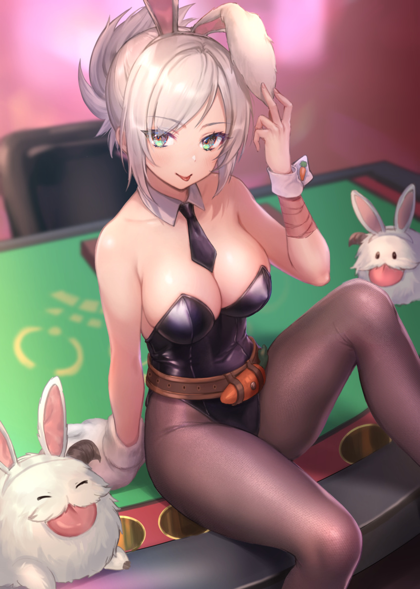 1girl :p bangs bare_shoulders battle_bunny_riven belt black_leotard breasts brown_belt brown_pantyhose carrot cleavage detached_collar hand_up highres large_breasts league_of_legends leotard necktie nyaamen_fork official_alternate_costume pantyhose poro_(league_of_legends) riven_(league_of_legends) shiny_clothes short_necktie sitting sitting_on_table smile tongue tongue_out wrist_cuffs