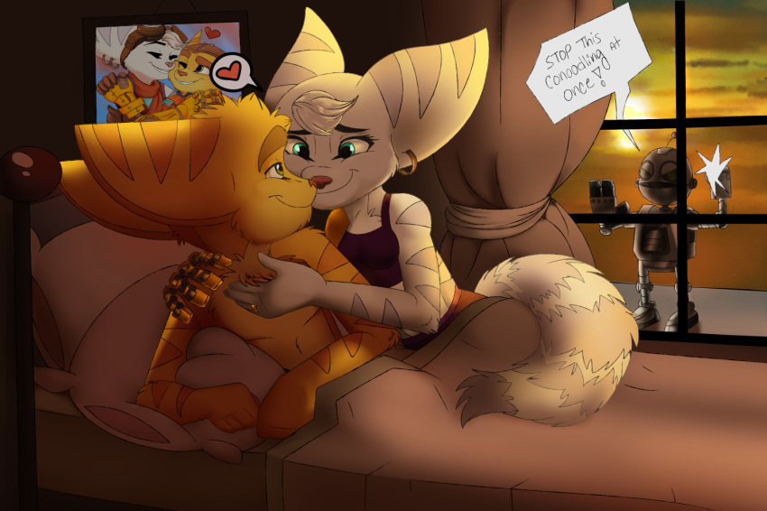 anthro caressing clank_(ratchet_and_clank) cuddling dialogue digit_ring duo early_morning female jewelry lombax machine male male/female mammal married_couple ratchet ratchet_and_clank ring rivet_(ratchet_and_clank) robot romantic romantic_ambiance romantic_couple shirtless shirtless_male smile sony_corporation sony_interactive_entertainment story story_in_description wedding_ring wolfchalk