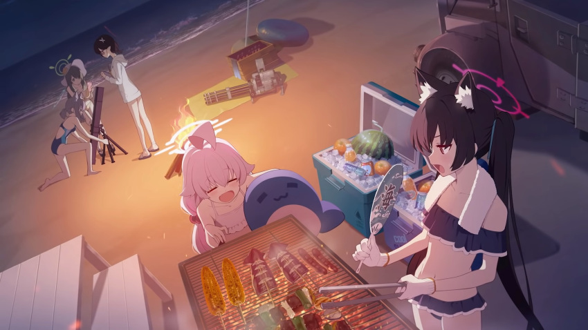 animal_ears ayane_(blue_archive) bad_link barbecue beach blue_archive cat_ears competition_swimsuit cooler food fruit gatling_gun highres hoshino_(blue_archive) hoshino_(swimsuit)_(blue_archive) mortar_(weapon) night nonomi_(blue_archive) nonomi_(swimsuit)_(blue_archive) one-piece_swimsuit serika_(blue_archive) shiroko_(blue_archive) swimsuit tube twintails watermelon