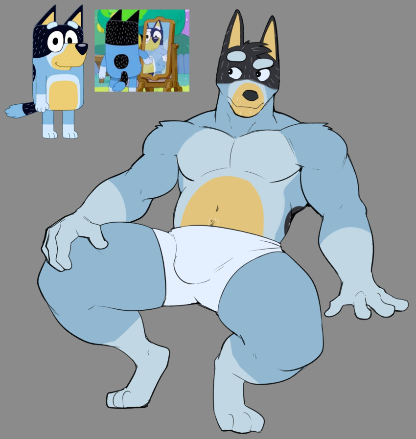 2023 4_fingers anthro bandit_heeler black_body black_fur blue_body blue_fur bluey_(series) bulge canid canine canis clothed clothing domestic_dog fingers fur hi_res jrjresq male mammal multicolored_body multicolored_fur muscular muscular_anthro muscular_male solo underwear underwear_only