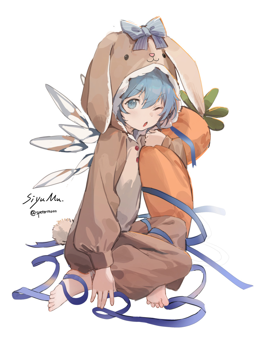 1girl ;o absurdres alternate_costume animal_costume animal_hood artist_name bangs barefoot blue_bow blue_hair blue_ribbon bow carrot cirno commentary full_body hair_between_eyes highres holding hood ice ice_wings long_sleeves looking_at_viewer medium_hair one_eye_closed open_mouth rabbit_costume ribbon simple_background siyumu solo touhou white_background wings