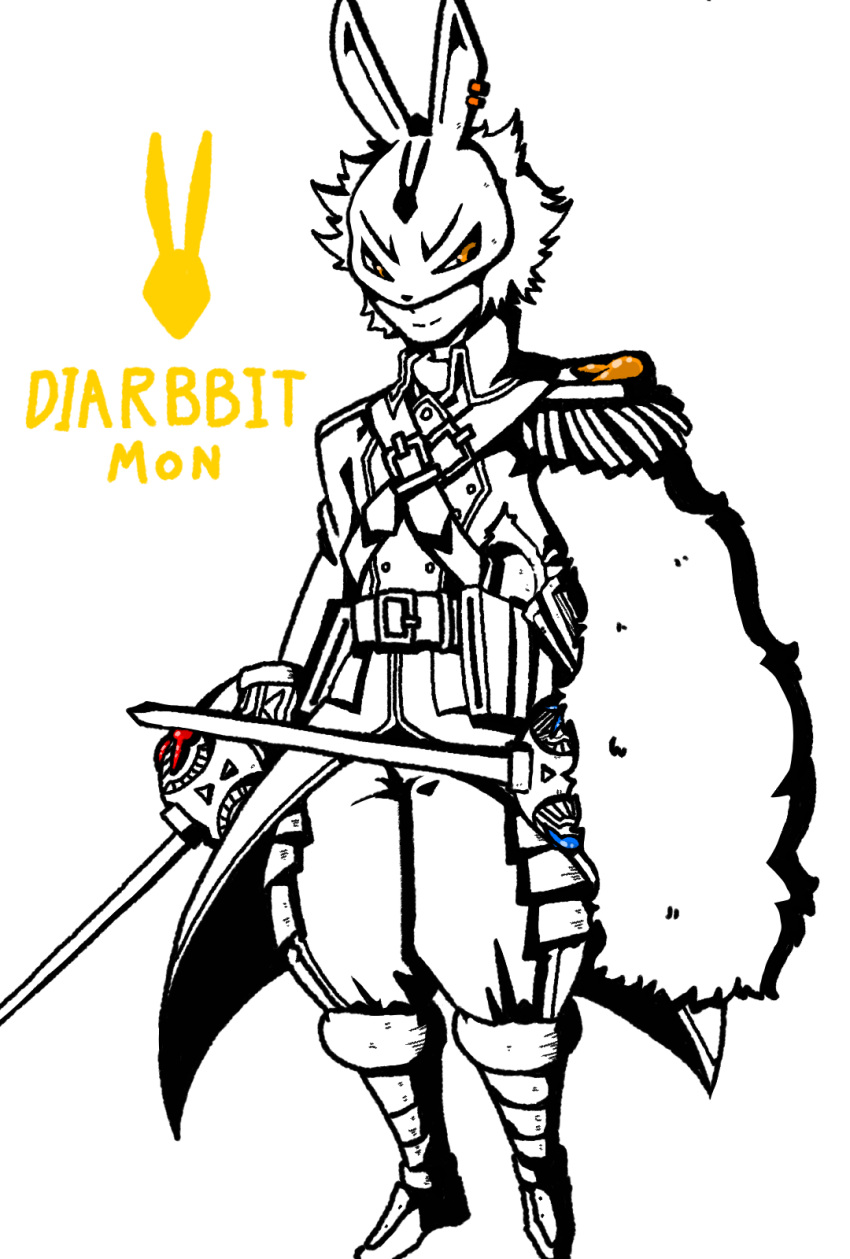 ani_(pixiv) animal_humanoid anthro armor bandai_namco diarbbitmon digimon digimon_ghost_game dual_wielding headgear helmet hi_res holding_object holding_weapon humanoid lagomorph lagomorph_humanoid leporid_humanoid line_art long_ears male mammal mammal_humanoid melee_weapon rabbit_humanoid rapier solo standing sword weapon