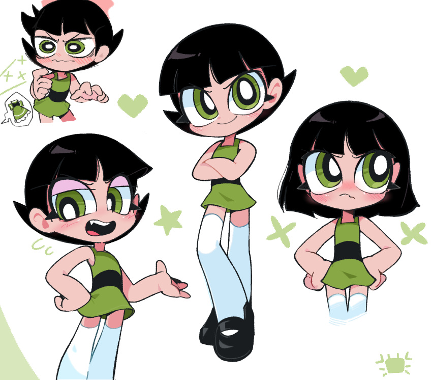 1girl :d bangs bare_arms bare_shoulders black_dress black_footwear black_hair blush buttercup_(ppg) crossed_arms dress fang full_body green_dress green_eyes heart highres kim_crab looking_at_viewer multiple_views open_mouth powerpuff_girls shiny_hair short_hair smile speech_bubble teeth thighhighs two-tone_dress upper_teeth_only wavy_mouth white_background white_thighhighs