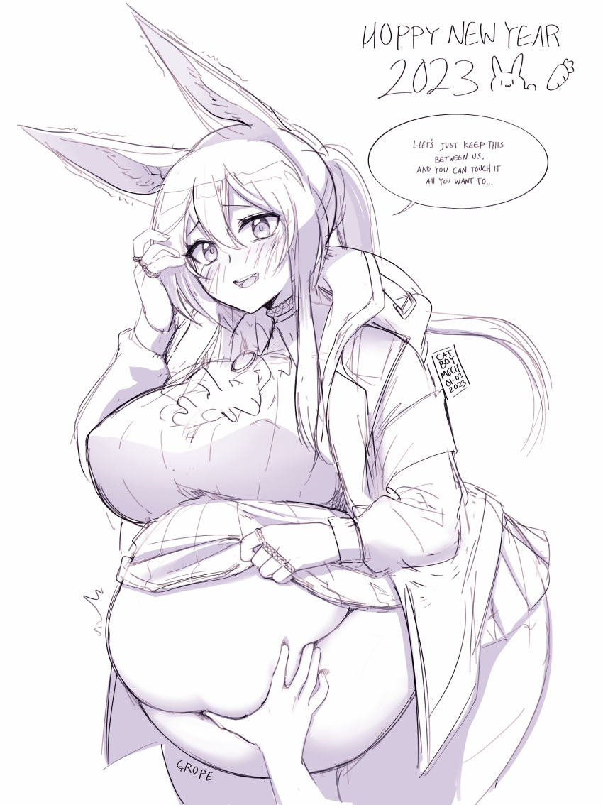 2023 absurd_res amiya_(arknights) animal_humanoid arknights belly big_belly big_breasts big_butt blush breasts butt cakecatboy chinese_zodiac dialogue female hand_on_stomach hi_res huge_breasts huge_thighs humanoid hypergryph lagomorph lagomorph_humanoid leporid_humanoid mammal mammal_humanoid monochrome navel overweight overweight_female overweight_humanoid rabbit_humanoid signature simple_background smile solo sound_effects speech_bubble studio_montagne text thick_thighs unseen_character year_of_the_rabbit