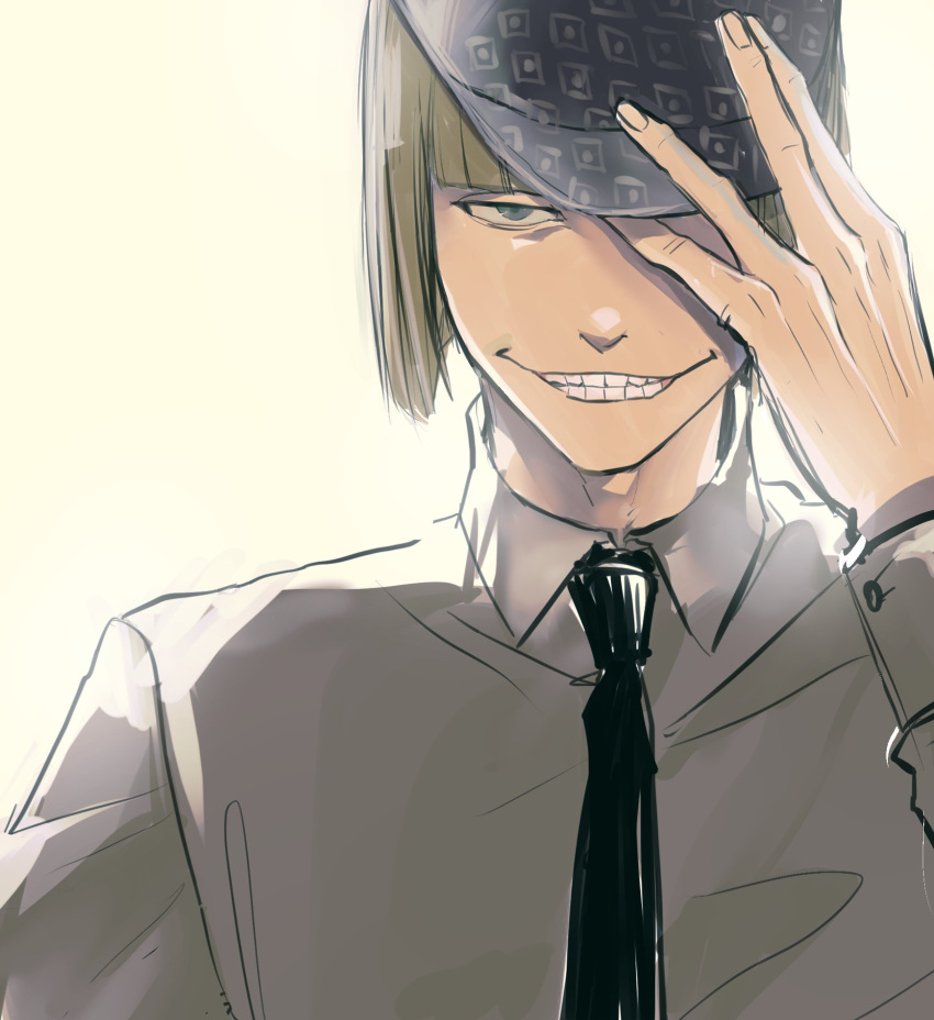 1boy adjusting_clothes adjusting_headwear ai_(ai1470) black_necktie bleach blonde_hair brown_eyes collared_shirt grey_shirt grin hat highres hirako_shinji looking_at_viewer male_focus necktie shirt short_hair smile solo teeth upper_body