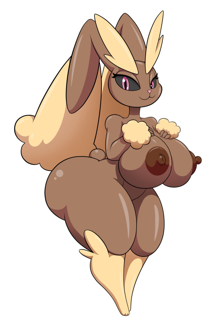 anthro areola big_breasts big_butt black_pupils black_sclera breasts brown_areola brown_body brown_nipples butt female generation_4_pokemon hi_res huge_breasts huge_butt huge_thighs long_ears lopunny nintendo nipples nude pink_eyes pokemon pokemon_(species) pupils smile solo thegeckoninja thick_thighs