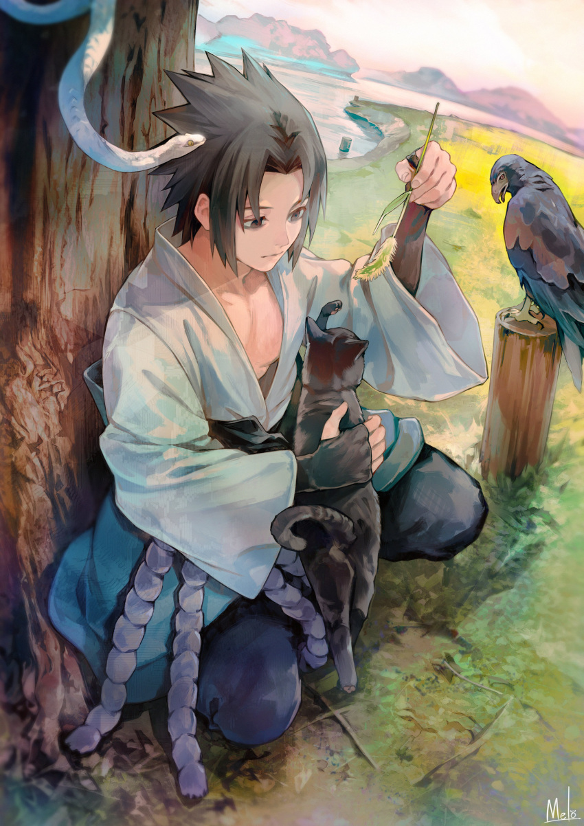 1boy absurdres animal bird black_eyes black_hair cat closed_mouth flower hawk highres holding holding_animal holding_cat holding_flower japanese_clothes kneeling kyuuba_melo looking_at_another naruto_(series) naruto_shippuuden open_clothes open_shirt shirt snake solo_focus spiked_hair uchiha_sasuke white_shirt white_snake wide_sleeves