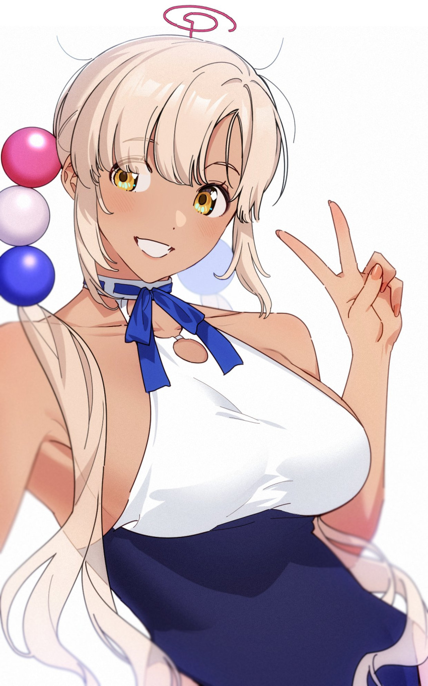 14_(vision5032) 1girl blonde_hair blue_ribbon blush breasts commentary eyes_visible_through_hair framed_breasts hair_between_eyes highres hololive hololive_english large_breasts limiter_(tsukumo_sana) long_hair looking_at_viewer neck_ribbon orange_eyes parted_lips planet_hair_ornament ribbon shirt sideboob simple_background smile solo translucent_hair tsukumo_sana twintails upper_body v virtual_youtuber white_background white_shirt
